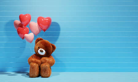 Brown teddy bear holding heart balloons with blue background. 3d renderingの写真素材