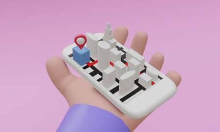 mobile phone in cartoon hand navigation concept, 3d renderingの写真素材