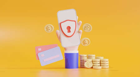 Financial security, online payment protection, online transaction, online banking, and online shopping, saving money concept. Mobile phone bank. electronic wallet, coins, credit card, 3D illustrationの写真素材