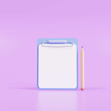 Mockup. Clipboard and pencil with sheets of paper on a nude background. on purple background design. 3d illustration.の写真素材