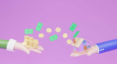 3D illustration. House trading concept. cartoon characters holding houses and coins cash and...