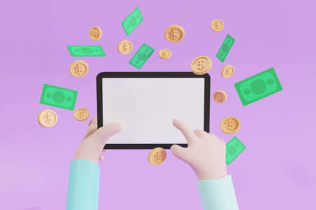 concept Make money with  content through mobile phones,  copy space, coins and cash  floating...