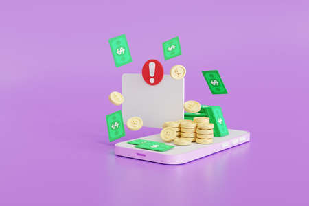 Notification, money in and out the concept into an application on a smartphone, background 3d illustration, banner, advertisingの写真素材