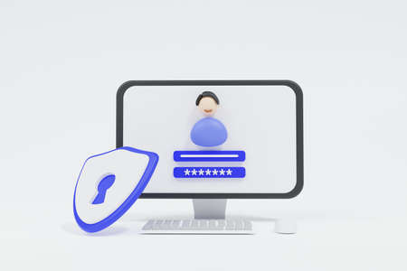 3D illustrations. Computer and account login and password form page on the screen. Sign in to...