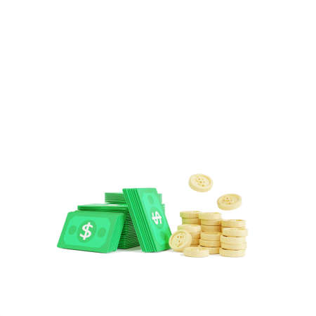 Cash and coins around on white background. money-saving, cashless society concept. 3d  illustrationの写真素材