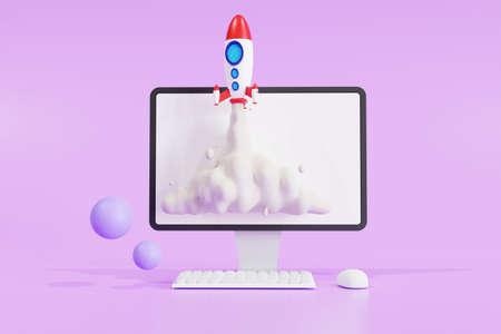 Startup concept with rocket flying out of computer laptop screen on purple background. front view, 3D illustrationの写真素材
