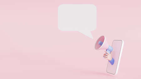 3D illustration announces notification banner sign cartoon hand holding megaphone coming out of the...