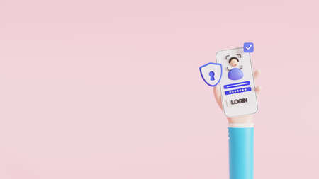 Cartoon hand, login, and face scan to an online account on a smartphone app. User interface. Secure...