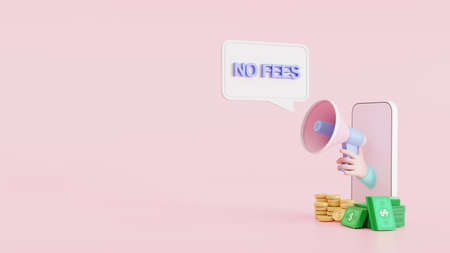 3D illustration announces notification banner sign cartoon hand holding megaphone coming out of the mobile phone with no hidden fees speech bubble. Loudspeaker. Banner for business, marketingの写真素材
