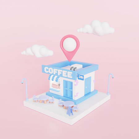 3D minimal coffee shop with map pin. 3d render illustrationの写真素材