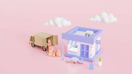 Shopping Online delivery logistics concept. Delivery home and office. Warehouse, Truck, Delivery application  3d render illustrationの写真素材