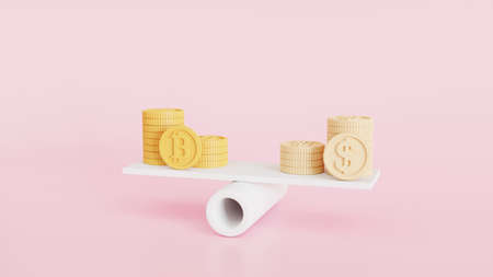 Coins stacks and bitcoin Digital on weighing scales, financial management, financial analysis,...