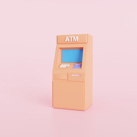 Orange ATM machine business technology concept,  abstract cartoon style, 3d render illustrationの素材 [FY310177968010]