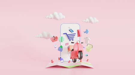 Map pins, GPS, navigator pin checking points, and smartphone package by scooter on a shop mobile phone. Tracking courier application. 

concept. 3d illustrationの写真素材