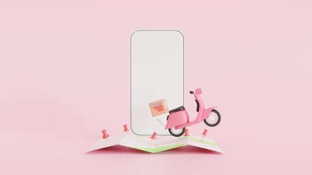 3D Map pins, GPS, navigator pin checking points, and smartphone Fast delivery package by scooter on a shop mobile phone. in E-commerce by the app. Tracking courier application. 

concept. 3d renderの写真素材