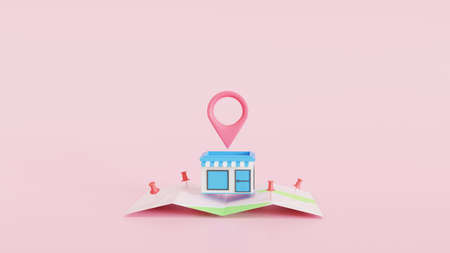 3D minimal shop with a map pin and Map pins, GPS, navigator pin checking points. The concept for delivery service. 3D render illustrationの写真素材