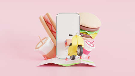 3D Map pins, GPS, navigator pin checking points, and smartphone and food Fast delivery package by scooter on a shop mobile phone. Tracking courier application. 

concept. 3d renderの写真素材