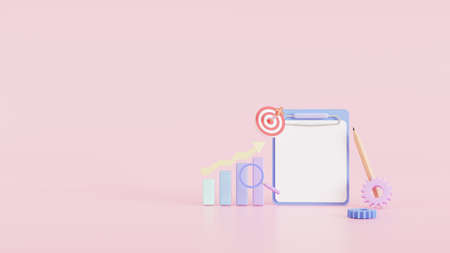 Mockup. Clipboard and pencil with Bar chart sheets of a  background. on purple background design concept graph statistics business profit loss. 3d illustrationの写真素材