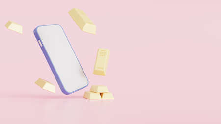 Mobile service online, the pure gold bar represents the business trading gold and finance concept idea, Real gold bars background, with copy space, 3d renderingの写真素材