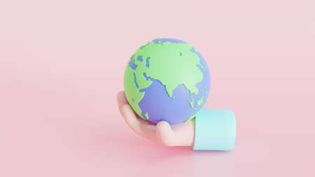 Cartoon-style hand holding planet earth. Earth day concept. 3D illustration