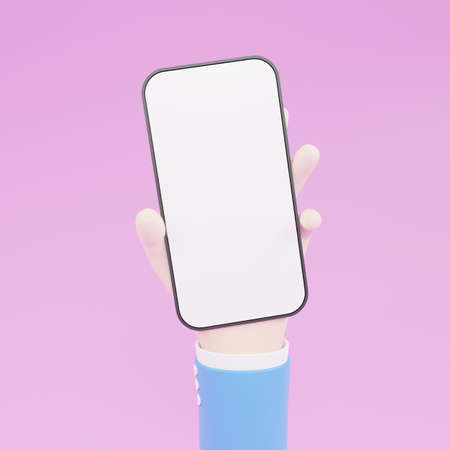 Cartoon hand, holding smartphone, Hand using mobile phone mockup. 3D illustrationの写真素材