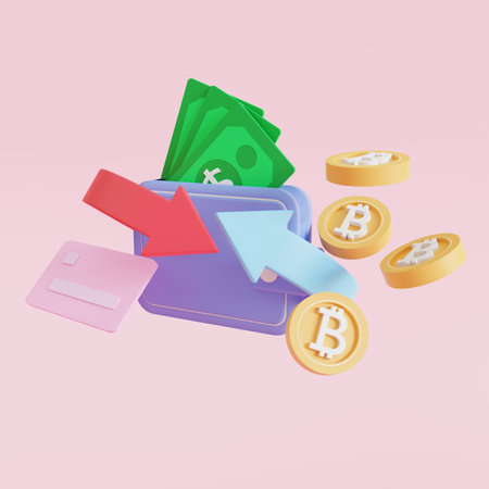 The exchange, electronic wallet icon with Cryptocurrency, 3D render illustrationの写真素材