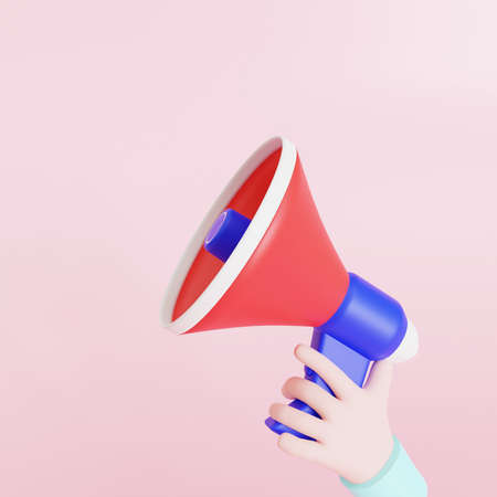 Cartoon hand in holding megaphone loudspeaker over pink background. 3d render illustration.の写真素材