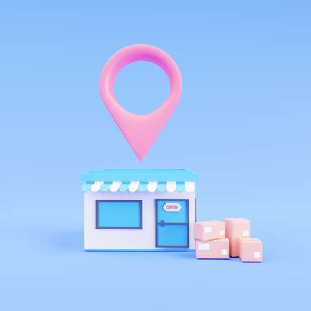 Shop with map pin. Tracking courier application. concept. 3D render illustration. for online storeの写真素材