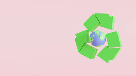 Global recycling. Earth model with a recycle symbol. copy space, 3d illustrationの写真素材