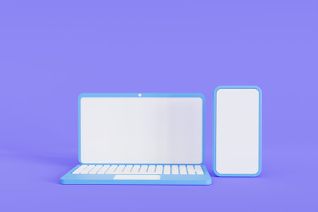 Cartoon Laptop and mobile phone with blank screen mockup. 3d illustration