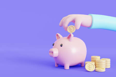 hand putting coin into a piggy bank. for saving money wealth and finances and start saving concept, copy space, 3D  illustrationの写真素材