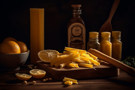 ingredients for preparing pasta penne spaghetti, taken on wooden table Generative AIの素材