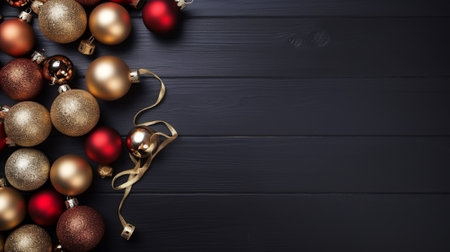 Christmas decorations on background. Frame of golden Xmas baubles,top view, stars, Generative AIの素材