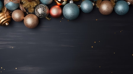 Christmas decorations on background. Frame of golden Xmas baubles,top view, stars, Generative AIの素材