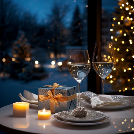 Gift box on the table near window, snowfall outside,christmas tree,night,wine glass,christmas decoration, Generative AIの素材