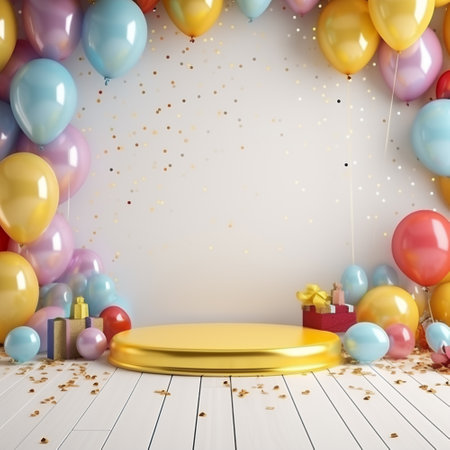 festive pedestal, podium, stage for product presentation with colorful balloons, Generative AIの素材