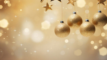 Christmas and New Year background. Golden Balls hanging on ribbon on Golden background with copy space for text. The concept of Christmas and New Year holidays Generative AIの素材
