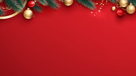 Red background,decorated with christmas ball, copy space top view, luxurious decoration background AI Generatedの素材