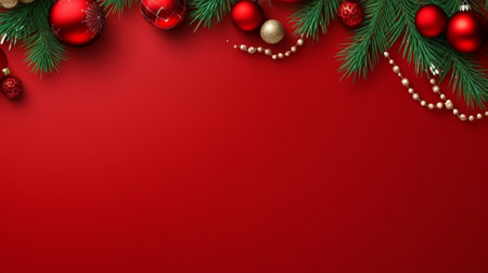 Red background,decorated with christmas ball, copy space top view, luxurious decoration background AI Generatedの素材
