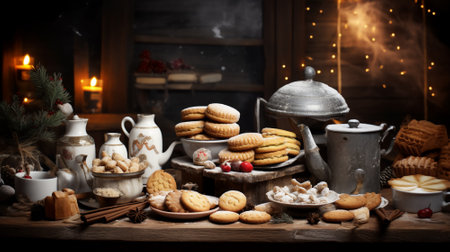 Ingredients for baking Christmas cookies, holiday decorations around Generative AIの素材