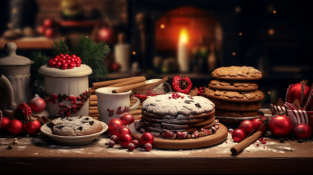 Ingredients for baking Christmas cookies, holiday decorations around Generative AIの素材