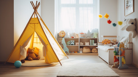 empty children's bedroom  with toys and tent set up.  Generated AIの素材