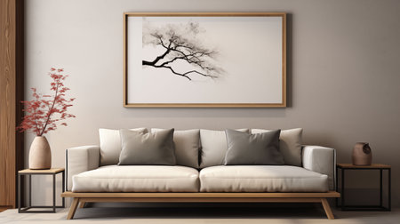 Home interior in japanese style, home interior design of modern living room. Grey sofa with black cushions against wall with poster frame Generative AIの素材