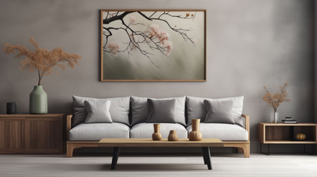 Home interior in japanese style, home interior design of modern living room. Grey sofa with black cushions against wall with poster frame Generative AIの素材