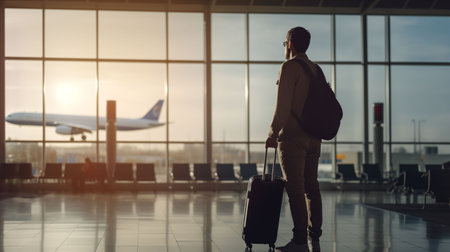 traveler man standing in standing at the airport window at Airport Terminal  Generative AIの素材
