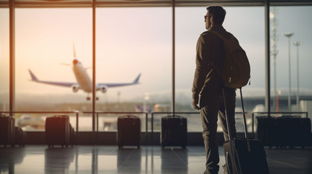 traveler man standing in standing at the airport window at Airport Terminal  Generative AIの素材