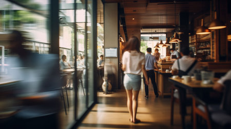 Blurred customers walking fast movement in coffee shop light cream, Blurred restaurant background Generative AIの素材