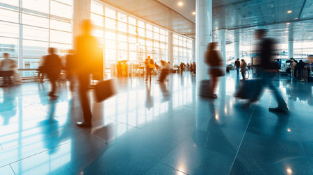 Blurred airport background Crowded public place with people passing by, traffic flow motion blur effect. Generative AIの素材