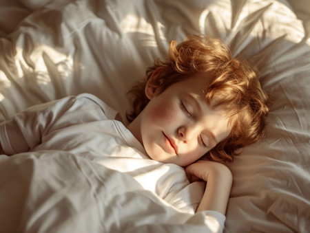 A child lies on a rumpled bed in soft morning light Generative AIの素材
