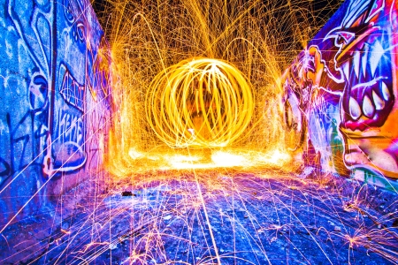 spinning fire by use steelwoolのeditorial素材